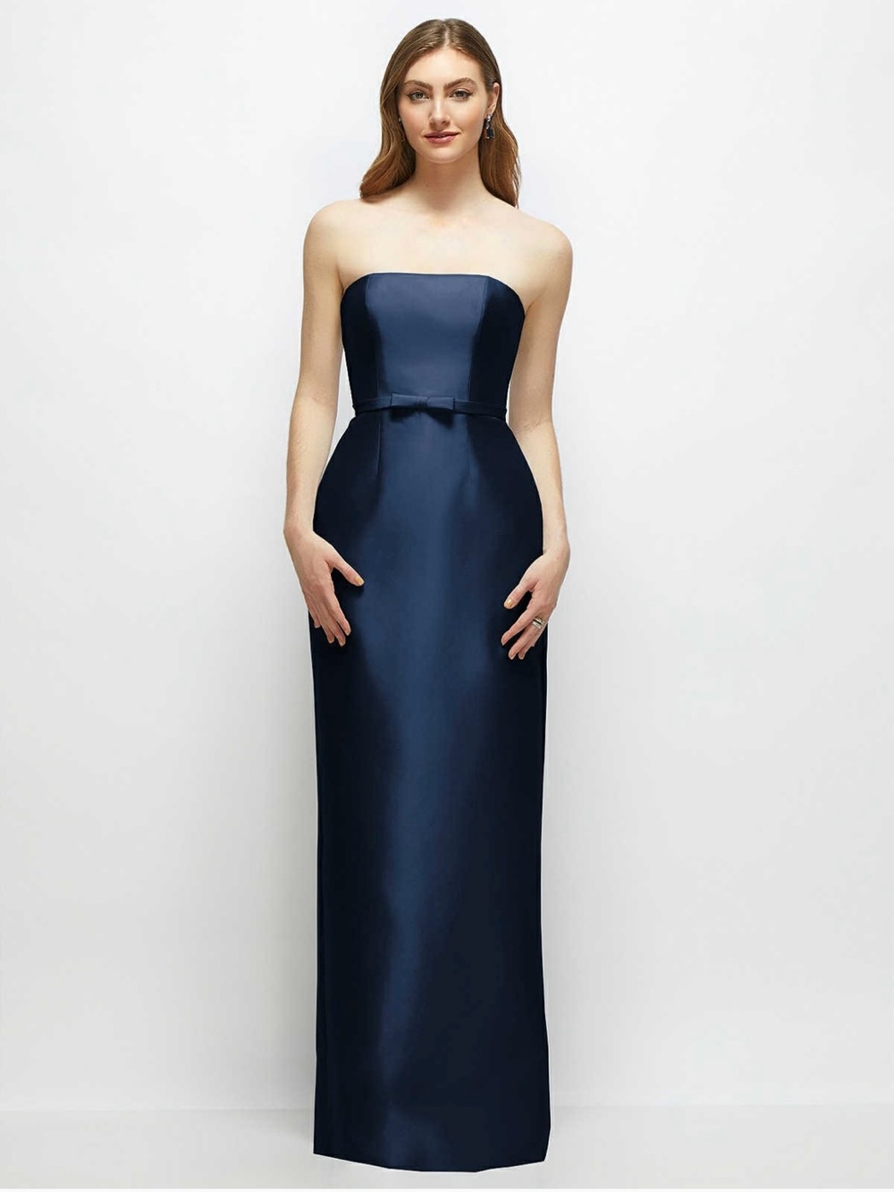 ALFRED SUNG Strapless Navy Satin Column Gown with Waist Bow- NWT